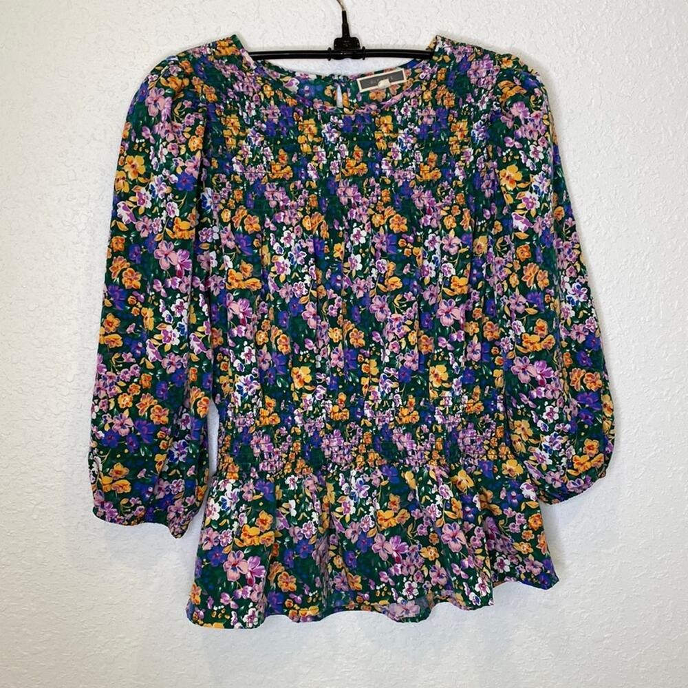 Pleione x Anthropologie Floral Smocked Peplum Blouse EUC Sz Sm Puff Sleeve